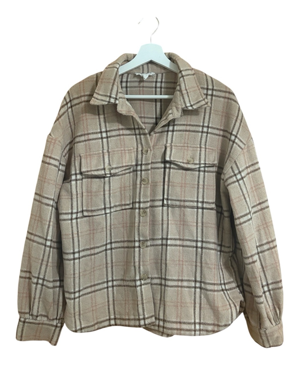 Nordstrom Size Small Brown and Pink Plaid Flannel Shacket Jacket - Picture 2 of 6